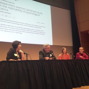 From left: Rachel Gross, Tom Siegfried, Julie Beck and Will Saletan discuss the perils of taking commentary on a study of studies at face value. Photo by Nate Rabner