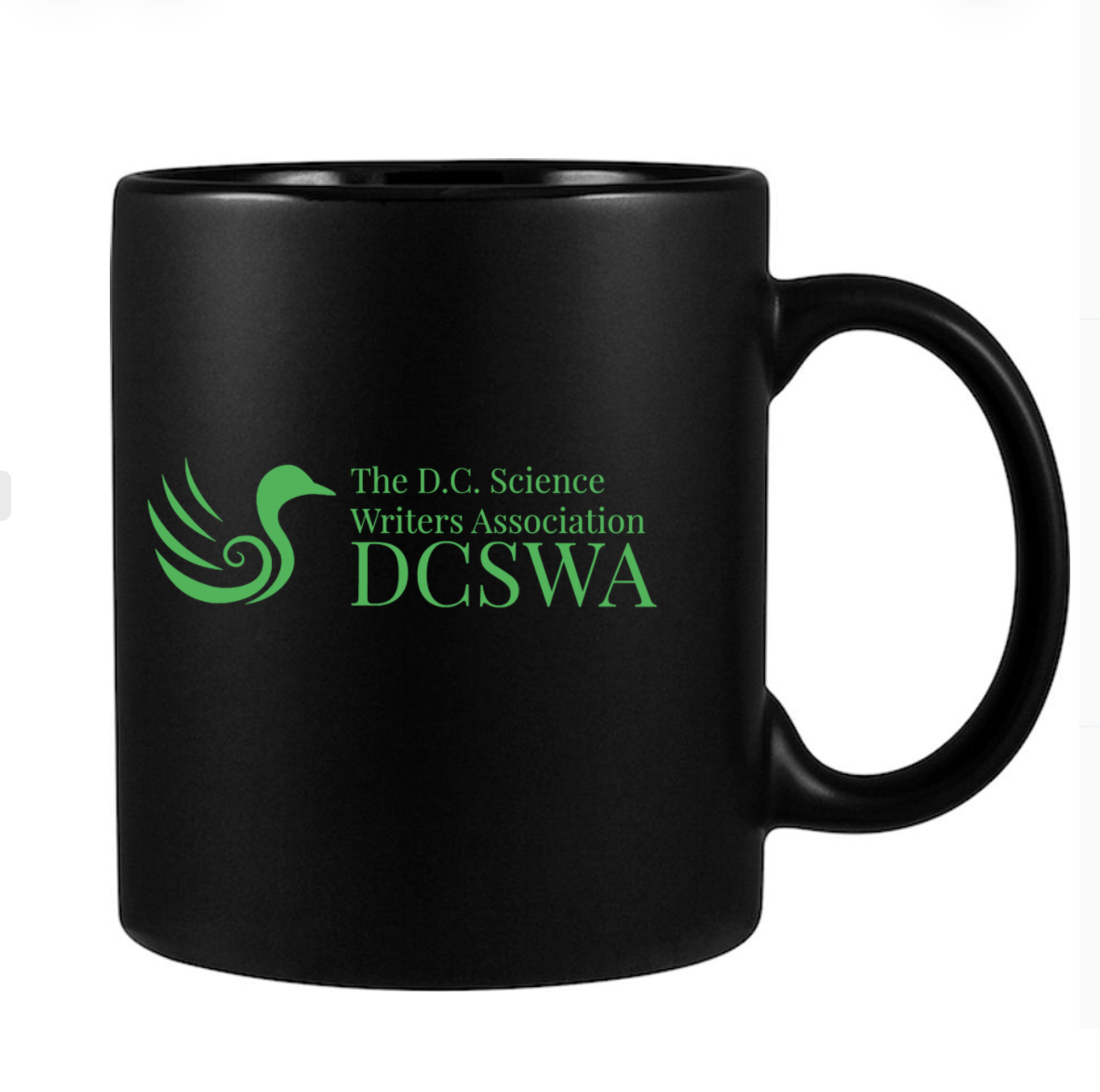 Matte Black C-Handle Mug with Green DCSWA logo and text: "The D.C. Science Writers Association"